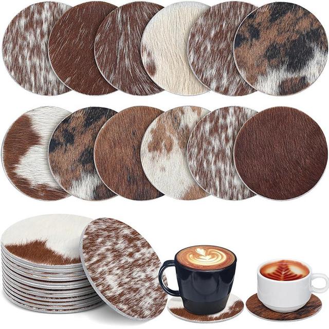 Hushee 12 Pcs Cowhide Coasters Natural Cowhide Drink Coasters Round Leather Coaster for Tea Cup Living Room Office Desk Decoration