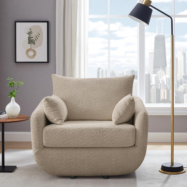 UNUQLIVCO 360° Swivel Accent Armchair, 39.3" Oversized, Sherpa Boucle Fabric Sofa Chair with Removable Back & Arm Pillows, Swivel Chair with Cozy Soft Padded (1, Camel)