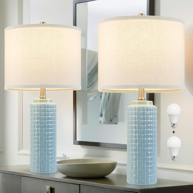 Luvkczc 24.8" Modern Ceramic Bedside Lamp Set of 2, 3 Color Temperature&Bulbs Included - Table Lamps for Living Room Bedroom Nightstand Table Office Entryway Decor, Lake Blue