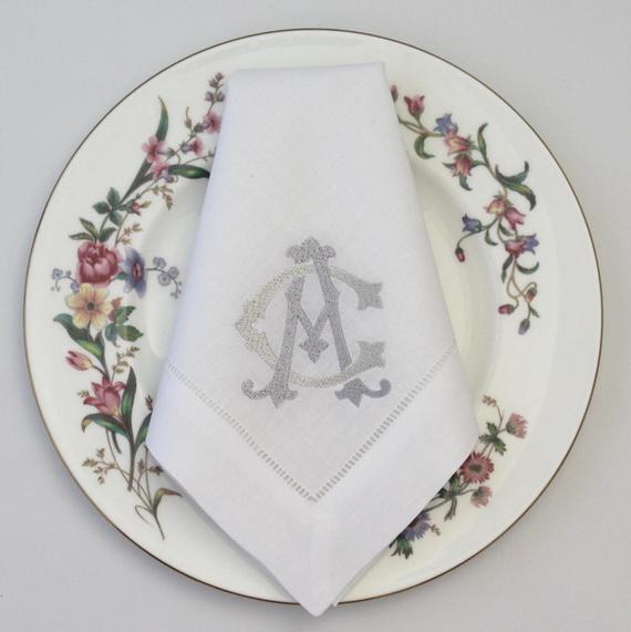 4 Monogrammed Linen/Cotton Napkins, Made to Order, Embroidered