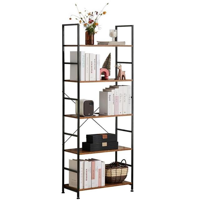 DUMOS 5 Tiers Bookshelf, Tall Bookcase Storage Shelves Organizer, Classically Modern Book Shelf for CDs/Movies/Books, Industrial Book Shelves for Home Office, Living Room, Kitchen, Bedroom, Brown