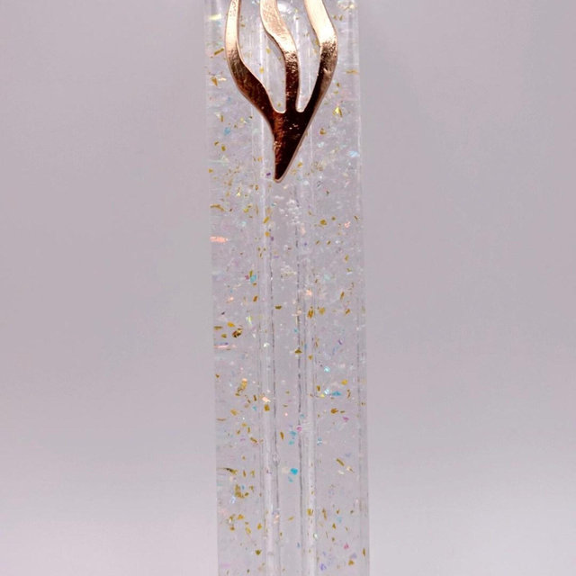 Handmade Transparent Glitter Resin Mezuzah - Gold Shin, 5”