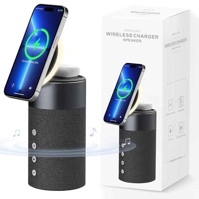 COLSUR Bluetooth Speaker, Magnetic Wireless Charger, Bluetooth Speakers with Night Light, 2 in 1 Wireless Charging Station for iPhone 16/15/14/13/12 Series, AirPods Pro/3/2（Gift Ideal）