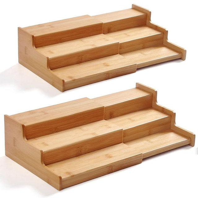 JinDoWin 2 Pack Bamboo Spice Organization for Cabinet, Cabinet Spice Organizer, 3-Tier Spice Rack Organizer for Cabinet, Kitchen Seasoning Organizer & Seasoning Rack