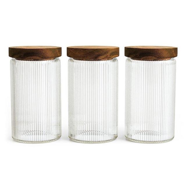 Set of 3 Ribbed Glass Jars with Wooden Lid 27oz | Airtight Fluted Glass Storage Container for Food, Pasta, Coffee, Candy, Dog Treats, Snacks | Glass Organization Canisters for Home & Kitchen