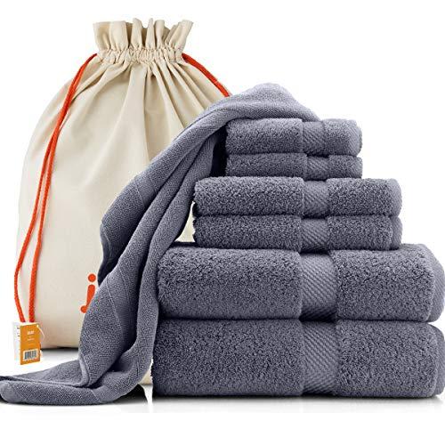 joluzzy Luxury 7-Pic Gray Towel Set & Floor Mat - 100% Long-Staple Turkish Cotton - High Absorbent 700 GSM - Soft & Plush - Hotel Quality - 2 Bath Towels, 2 Hand Towels, 2 Face Towels, 1 Flo