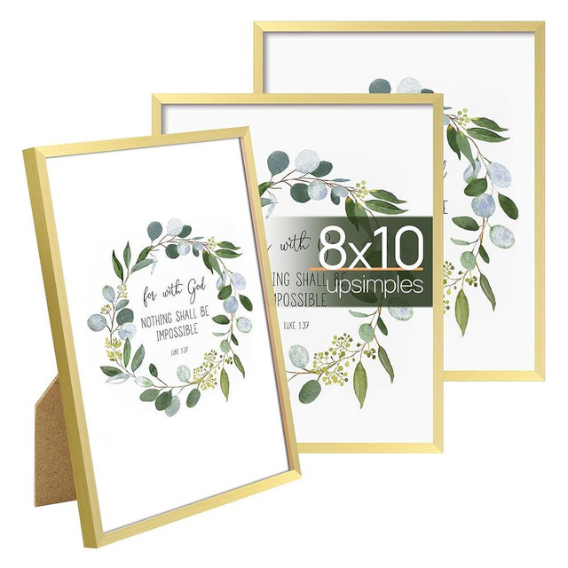 upsimples 8x10 Picture Frame Set of 3, Made of High Definition Glass for 8 x 10 Gold Frames, Wall and Tabletop Display Thin Border Photo Frame for Home Décor