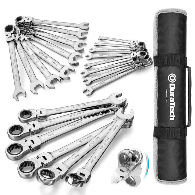DURATECH Flex Head Ratcheting Wrench Set, Combination Wrench Set, 22-piece, Metric & SAE, 1/4" to 3/4" & 6-18mm, CR-V Steel, Mirror Polished, with Pouch