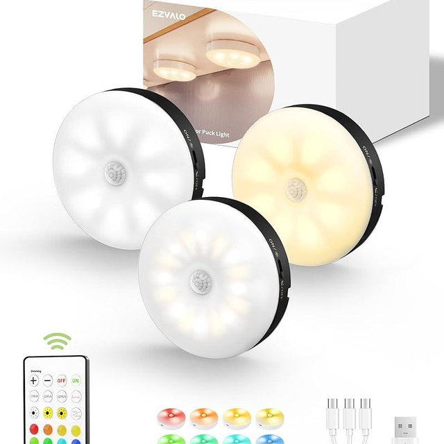 EZVALO Under Cabinet Lighting,1000mAh Rechargeable Puck Lights with Remote,3 Color Temps & 12 RGB Motion Sensor Closet Lights Indoor,Dimmable Under Cabinet Lights for Kitchen,Cabinets,Closet (3 Packs)
