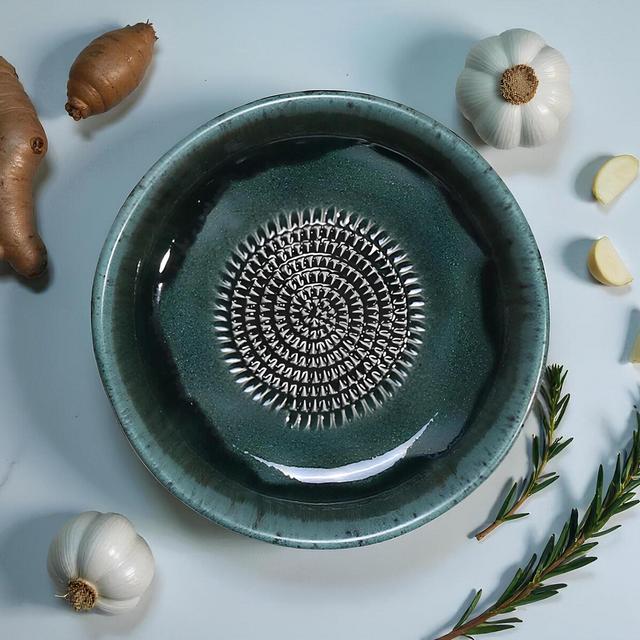 Handmade Ceramic Garlic Grater Bowl, 7" Glazed Grating Plate for Garlic, Cheese & Chocolate