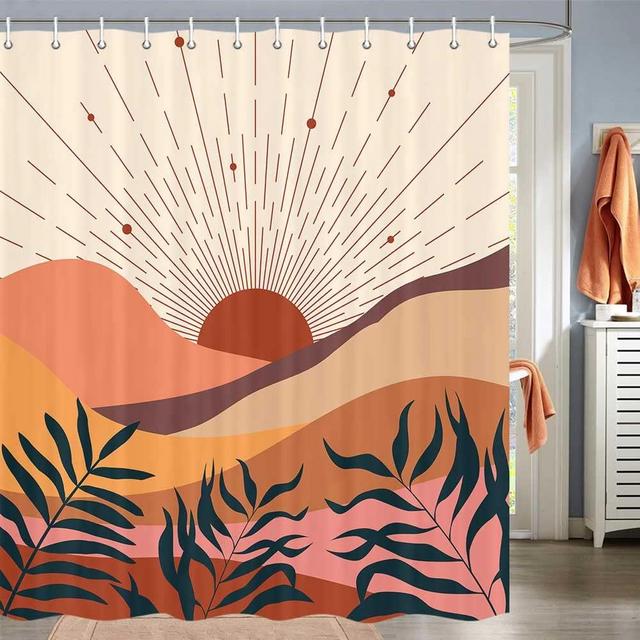 Viajar Boho Mid Century Shower Curtain, Minimalist Abstract Arch, Simple Sun Modern, Machine Washable Waterproof Fabric, 72x72inch with 12 Hooks