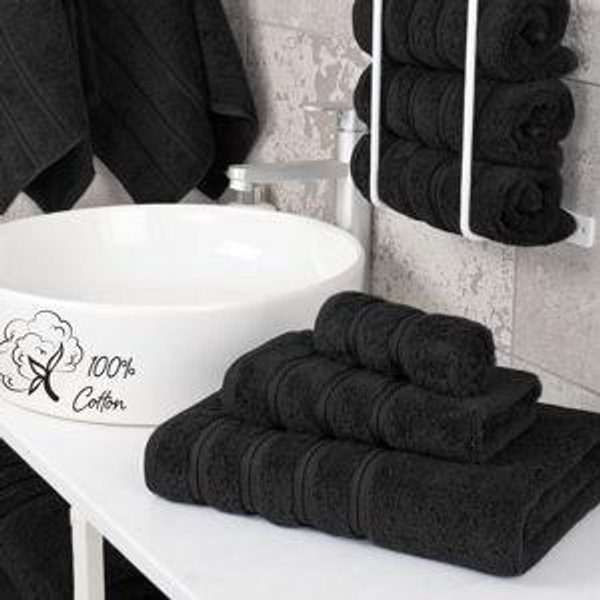 American Soft Linen Premium 3 Piece Towel Set, 1 Bath Towel 1 Hand Towel 1 Washcloth, 600 GSM 100% Cotton Turkish Towels for Bathroom, Black Towel Set