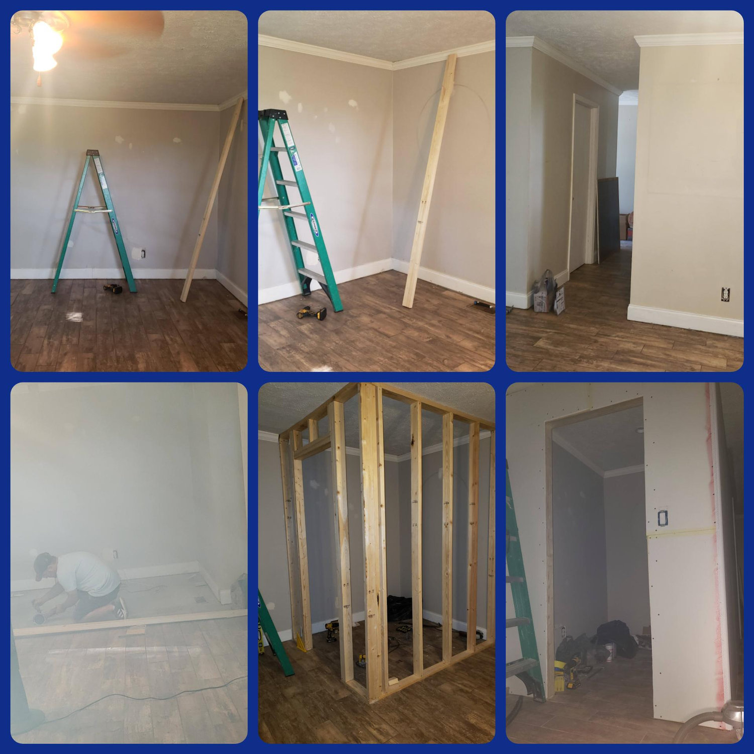 Our oddly shaped living room was just big with lots of extra space. We also had zero storage closets. So we decided to build one. We extended the wall from the downstairs bathroom and enclosed a storage room on the far end of the living room.