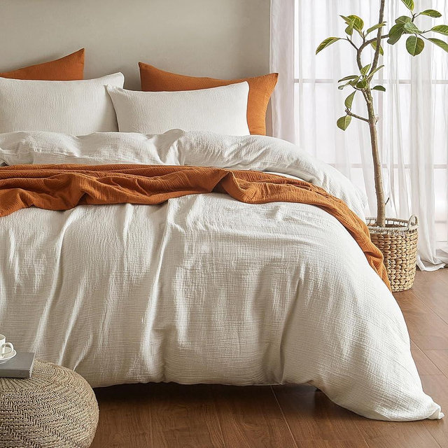 SE SOFTEXLY Muslin Duvet Cover Oversized King Size, 100% Washed Cotton Duvet Cover Set, Ultra Soft Comforter Cover Linen Like, 3 Pieces Gauze Duvet Cover with 2 Pillowcases, 98"x120", White