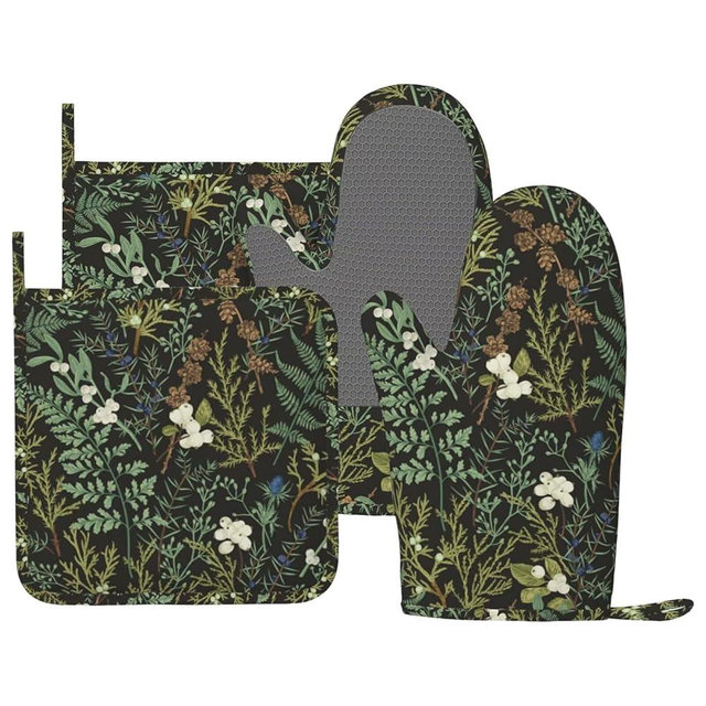 BOKEKANG Botanical Print Floral Oven Mitts and Pot Holders Set of 4 Silicone Black Sage Green Botanical Print Kitchen Mitten Gloves and Farmhouse Potholders Set Vintage Oven Gloves Hot Holders for BBQ