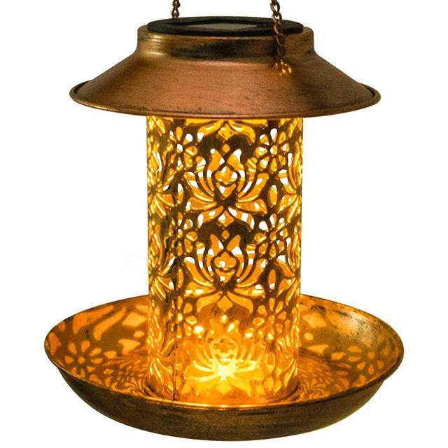 OLIKER Solar Bird Feeder Decorative Metal Panels Hanging Bird House with Light for Feeding Wild Bird Feeder Outdoors Hanging Gift for Bird Lovers Outdoor Garden Backyard Decoration