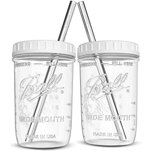 Reusable Wide Mouth Smoothie Cups Boba Tea Cups Bubble Tea Cups with Lids and Silver Straws Ball Mason Jars Glass Cups (2-pack, 16 oz mason jars) Brand Capsule Classic