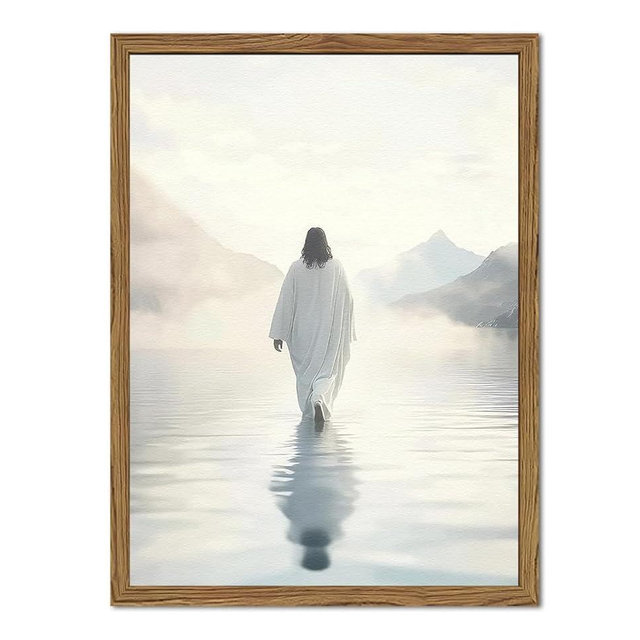 Jesus Walking on Water Wall Art White Jesus Wall Decor Christian Faith Painting 3D Textured Hand Drawn Sandstone Artwork for Living Prayer Room Bedroom 16x24 inch Wood Framed