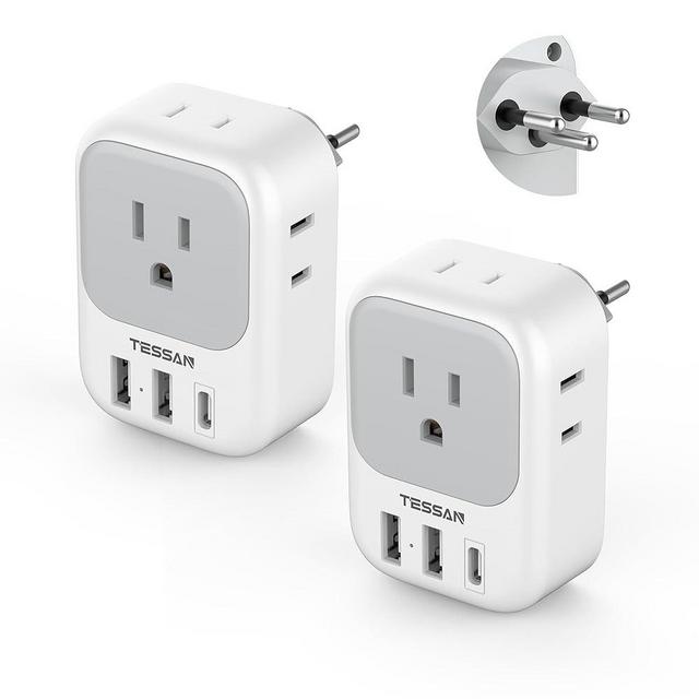 Switzerland Power Adapter 2 Pack, TESSAN Type J Adaptor with 4 Outlets 3 USB Charging Ports(1 USB C), Swiss Travel Plug for US to Switzerland, Liechtenstein, Rwanda