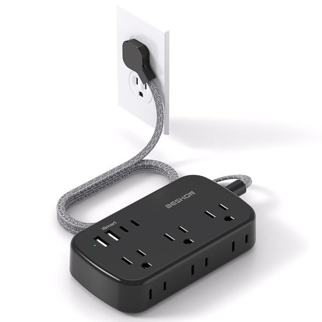 Black Extension Cord 10 ft, BESHON Flat Plug Power Strip with USB C, Ultra Thin Flat Plug Extension Cord - 6 Outlets with 4 USB Ports(2 USB C), Power Strip for Dorm Room Travel Essentials