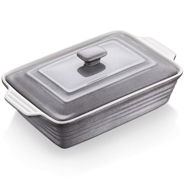 4.5 Quart Nonstick Casserole Dish with Lid, LOVECASA 9 x 13 Inches Lasagna Pan Deep, Ceramic Baking Dish for Dinner, Banquet, and Party, Grey