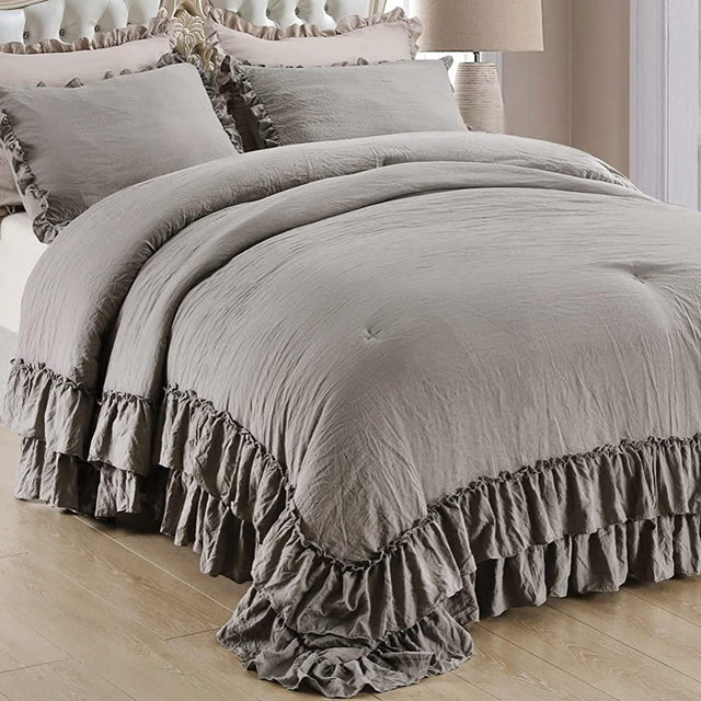 Masaca Gray Ruffled Comforter Set King, Farmhouse Shabby Fringe Chic Bedding Comforter Lightweight Fluffy Aesthetic Grey Home Bedding Rustic 3 Pieces (1 Ruffle Comforter and 2 Pillowcases)