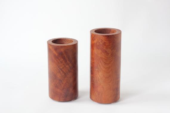 Set of two Modern Pillar Candle Holders Turned wood Orange Reddish BC Squamish Artist Martin P. Thorne
