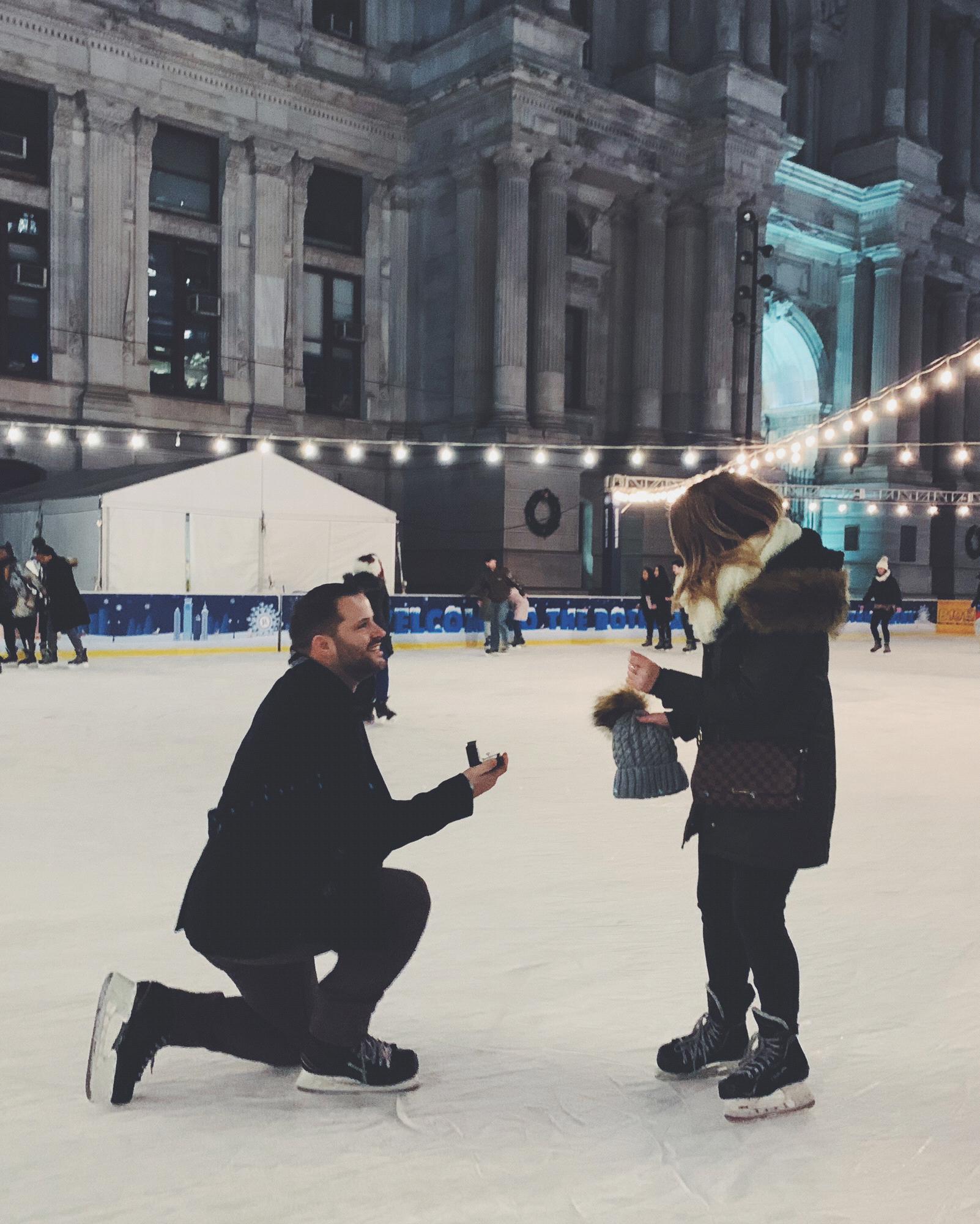 Surprise proposal at the Philadelphia City Hall’s Dilworth Park Ice Rink.