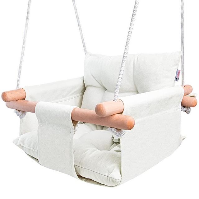 CaTeam - Canvas Baby Swing, Wooden Hanging Swing Seat Chair with Safety Belt, Durable Baby Hammock Chair, Outdoor and Indoor Swing for Kids, Mounting Hardware Included, Ivory