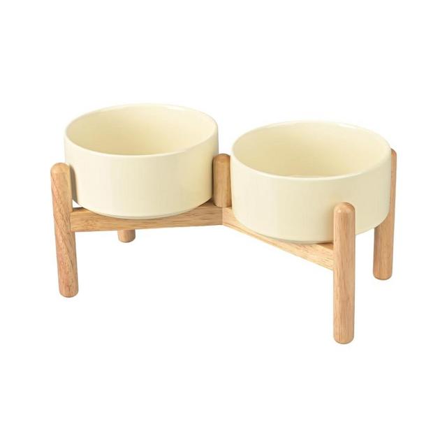 SPUNKYJUNKY Ceramics Raised Dog Bowls Elevated Dog Bowls with Wooden Stand Food and Water Pet Feeding Bowl for Small Medium Dog(Double 28.7OZ Bowls,Cream White)