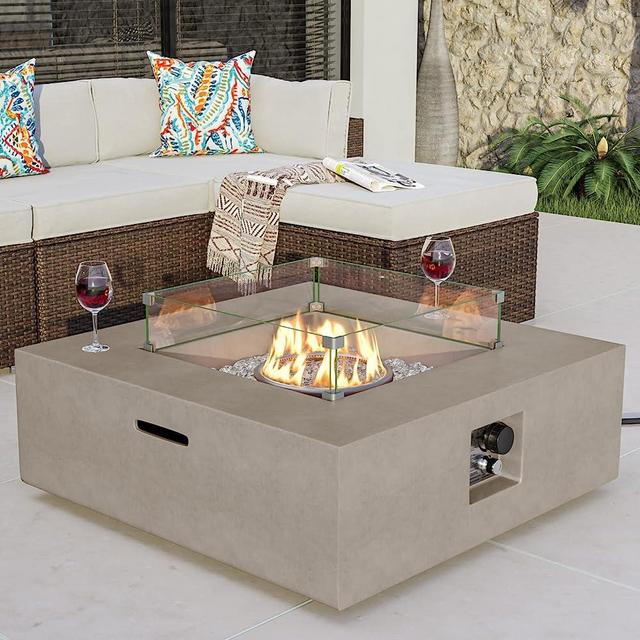 COSIEST Outdoor Propane Square Fire Pit Table, Gray Faux Stone 35-inch Planter Base, 50,000 BTU Stainless Steel Burner, Transparent Gray Fire Glass and Rain Cover, Metal Lid