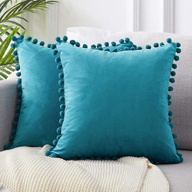 Top Finel Decorative Throw Pillow Covers for Couch Bed Soft Particles Velvet Solid Cushion Covers with Pom-poms 24 x 24 Inch 60 x 60 cm, Pack of 2, Teal Blue