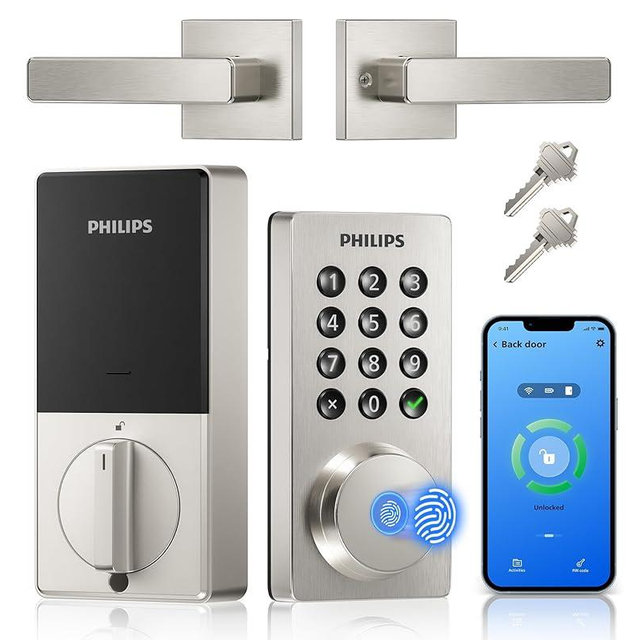 Philips WiFi Keypad Door Lock with Handle, Built-in WiFi, APP Remote Control, Voice & Fingerprint Unlock, Smart Locks for Front Door with Auto Lock, Keyless Entry Deadbolt, Satin Nickel