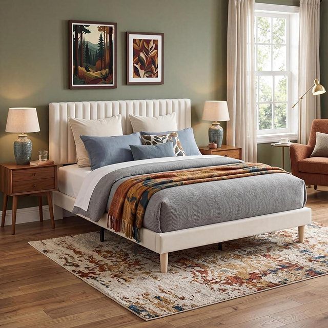 Garvee Queen Size Velvet Bed Frame, Vertical Channel Tufted Headboard, Height Adjustable, Upholstered Platform Bed, No Box Spring Needed, Beige