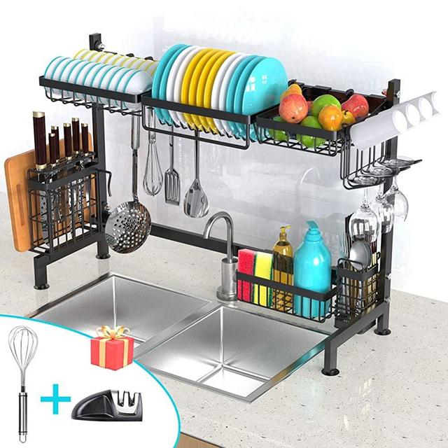 Over The Sink Dish Drying Rack, EONSIX Stainless Steel Kitchen Supplies Storage Shelf Space Saver Dishes Drainer Utensils Holder, Black(Sink Size≤33.5in)