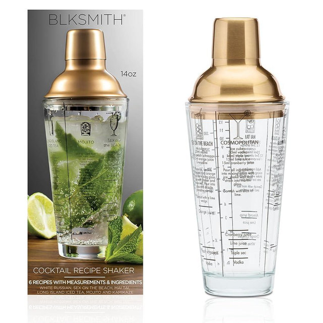 BLKSMITH Glass Cocktail Shaker Set with 6 Recipes - 14 oz Glass Shaker Bottle Set with Strainer and Jigger, Perfect Glass Bar Shaker for Cocktail Drinks with Gold Lid (Champagne)