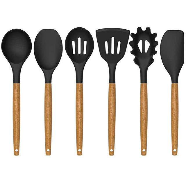 Silicone Kitchen Utensils Set, Deedro 7 Pieces Cooking Utensils Set Silicone Spatula Set with Natural Acacia Wooden Handle, High Heat Resistant Kitchen Gadgets Tools Set, Black