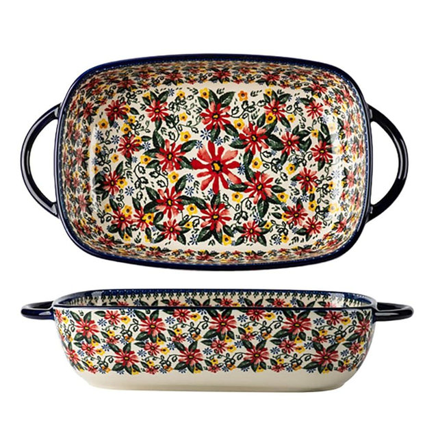 Bicuzat Red Daisy Flower Vintage Style Ceramic Bakeware Casserole Dish Baking Pan Lasagna Pans Baking Dish with Handles for Oven/Cooking/Kitchen-1 PCS, 60 OZ