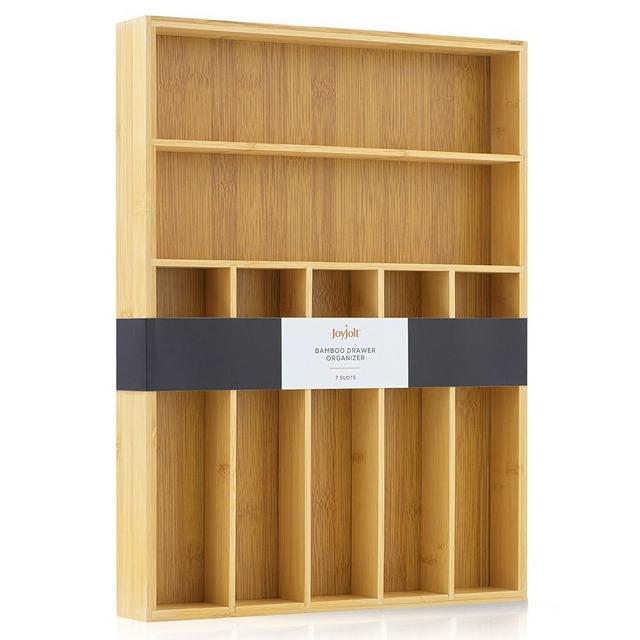 JoyJolt Bamboo Drawer Organizer, 7-Compartment Silverware Organizer, Cutlery and Utensil Organizer, Drawer Organizers for Garage, Kitchen, and Bathroom, Organizer Drawers for Kitchen Utensils