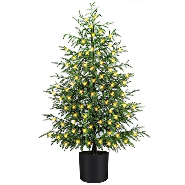 ENVEN 4FT Pre-Lit Artificial Norfolk Pine Christmas Tree – Realistic Potted Tree with 100 LED Lights & 8-Function Battery Box, Pre-Assembled Faux Holiday Décor for Indoor Use