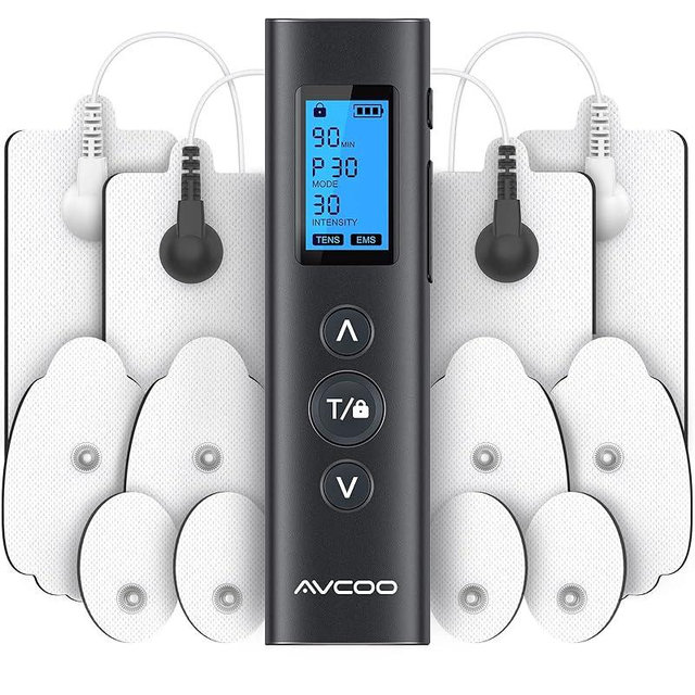 AVCOO 30 Modes TENS EMS Unit Compact Muscle Stimulator for Pain Relief, Rechargeable & Portable Dual Channel EMS Muscle Stimulator with 30 Intensity Levels and 12 Electrode Tens Unit Replacement Pads