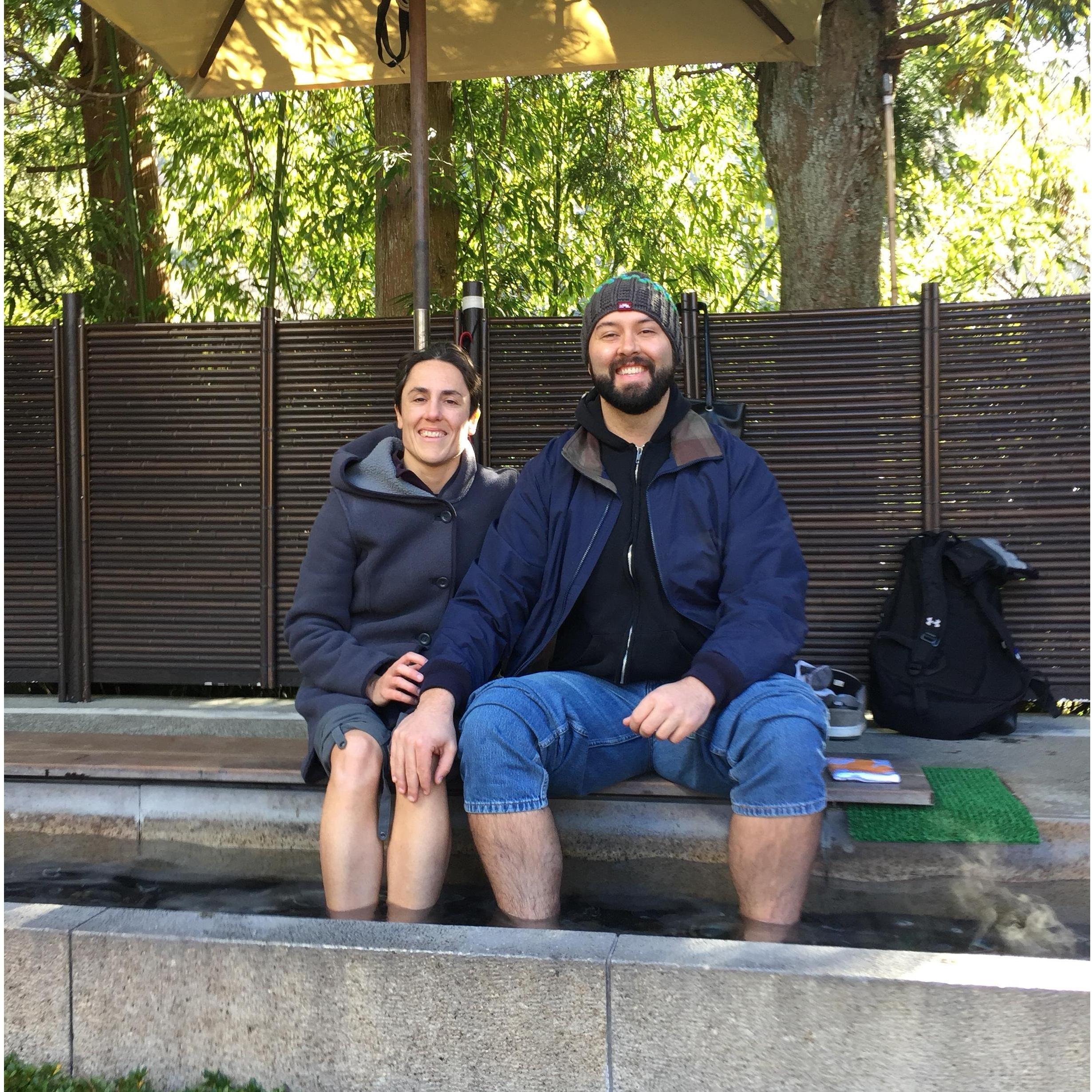 Soaking our feet in a spa at an outdoor museum in Hakone, Japan around Christmas 2017.