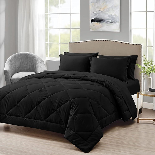 Love's cabin King Size Comforter Set Black, 7 Pieces King Bed in a Bag, All Season King Bedding Sets with 1 Comforter, 1 Flat Sheet, 1 Fitted Sheet, 2 Pillowcase and 2 Pillow Sham