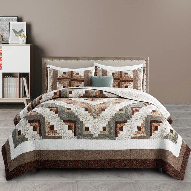NIUDÉCOR HOME Genuine Patchwork Quilt Set 100% Cotton California King Bedspread Reversible Vintage Plaid Floral Brown Coverlet Bedding Sets