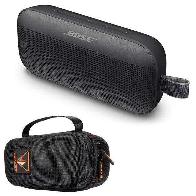 Bose SoundLink Flex Bluetooth Speaker, Portable Speaker with Microphone, Wireless Waterproof Speaker for Travel, Outdoor and Pool Use with Slinger Hard Travel Case & USB Plug (Black)