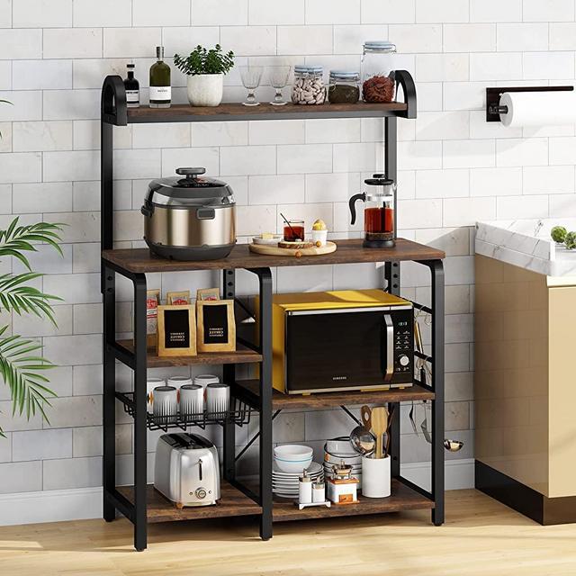 Tribesigns Kitchen Baker's Rack,35.5" Industrial Microwave Oven Stand Rack, Kitchen Cart Utility Storage Shelf for Spices Organizer Workstation with Pull Out Basket and 6 Hooks, Rustic Brown