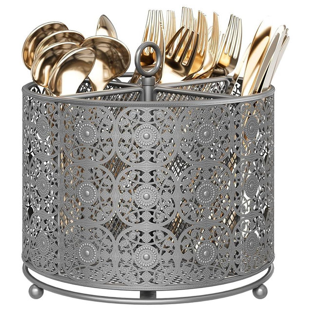 YIUKEA Rotating Utensil Caddy Countertop - Higher Raised Cutlery Caddy Holder - Metal Silverware Caddy Organizer with 4 Compartment for Kitchen Counter Party Office Silver