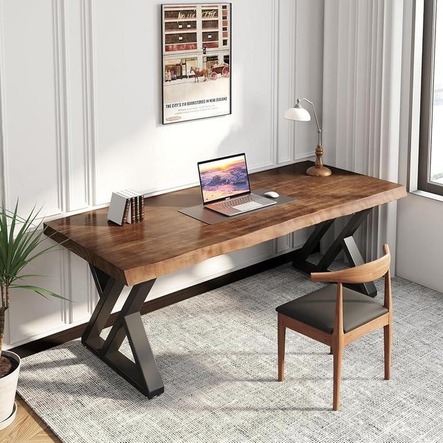 SXXjiaju Solid Wood Desk 55 inches, Home Office Computer Desk Wooden Rustic Writing Desk Metal Modern Simple Design Executive Real Wood Desk (Brown)