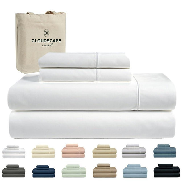 Cloud Scape Linen 100% Egyptian Cotton Sheets King Size, 4 Pieces Breathable and Naturally Cooling Bedding Set, Long-Staple Cotton for Lasting Softness, Deep Pocket Fitted up to 16” King Sheet, White