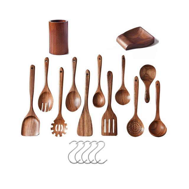 SUGIFT 13-Piece Wooden Spoons for Cooking, Wooden Spatula Set with Holder, Spoon Rest & Hooks